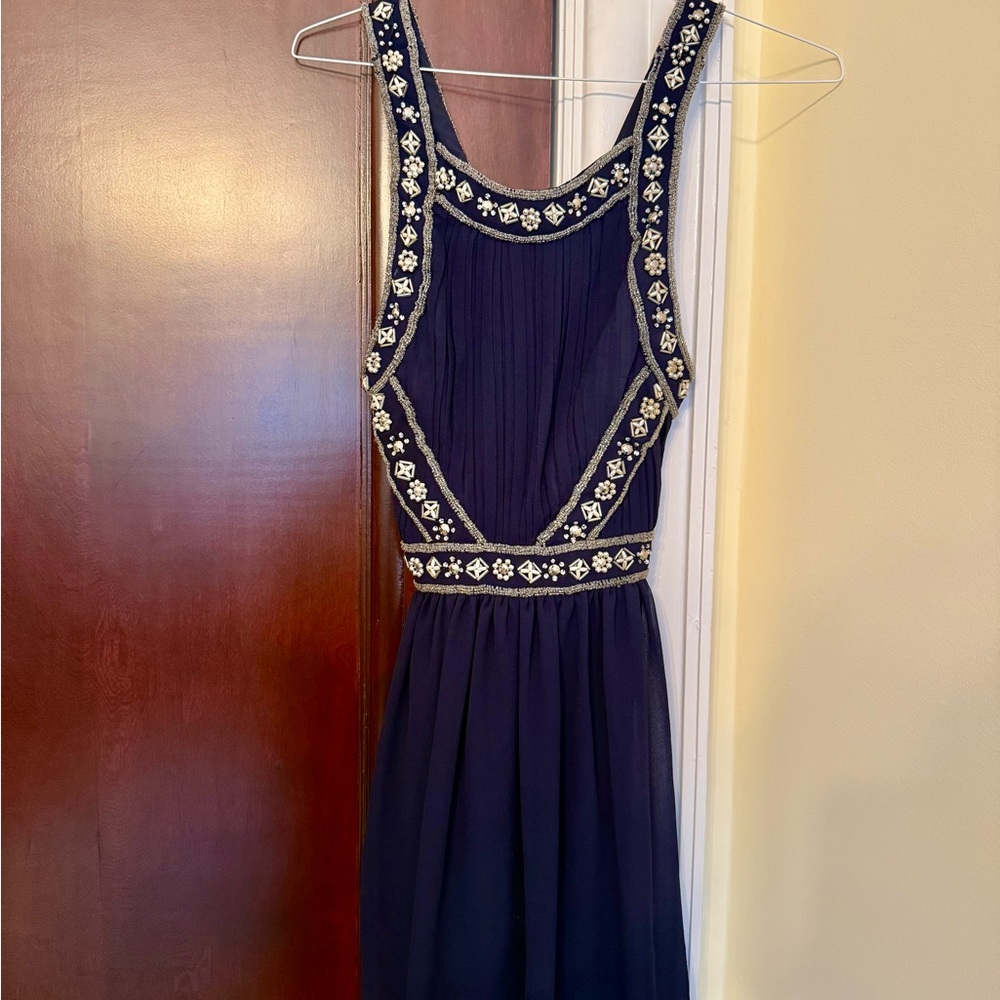 Topshop Navy Blue Prom Dress with Silver Beaded Accents